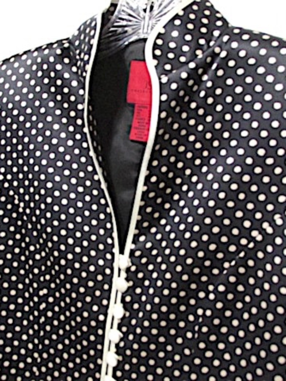JS Collection Glossy Black Polka Dot Mandarin Silk Jacket, Size 4